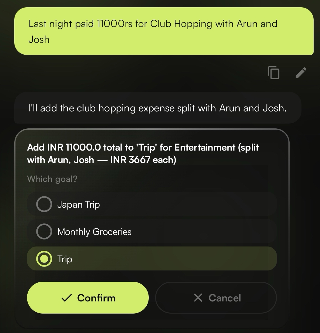 Xpenote AI parsing a message into a split expense