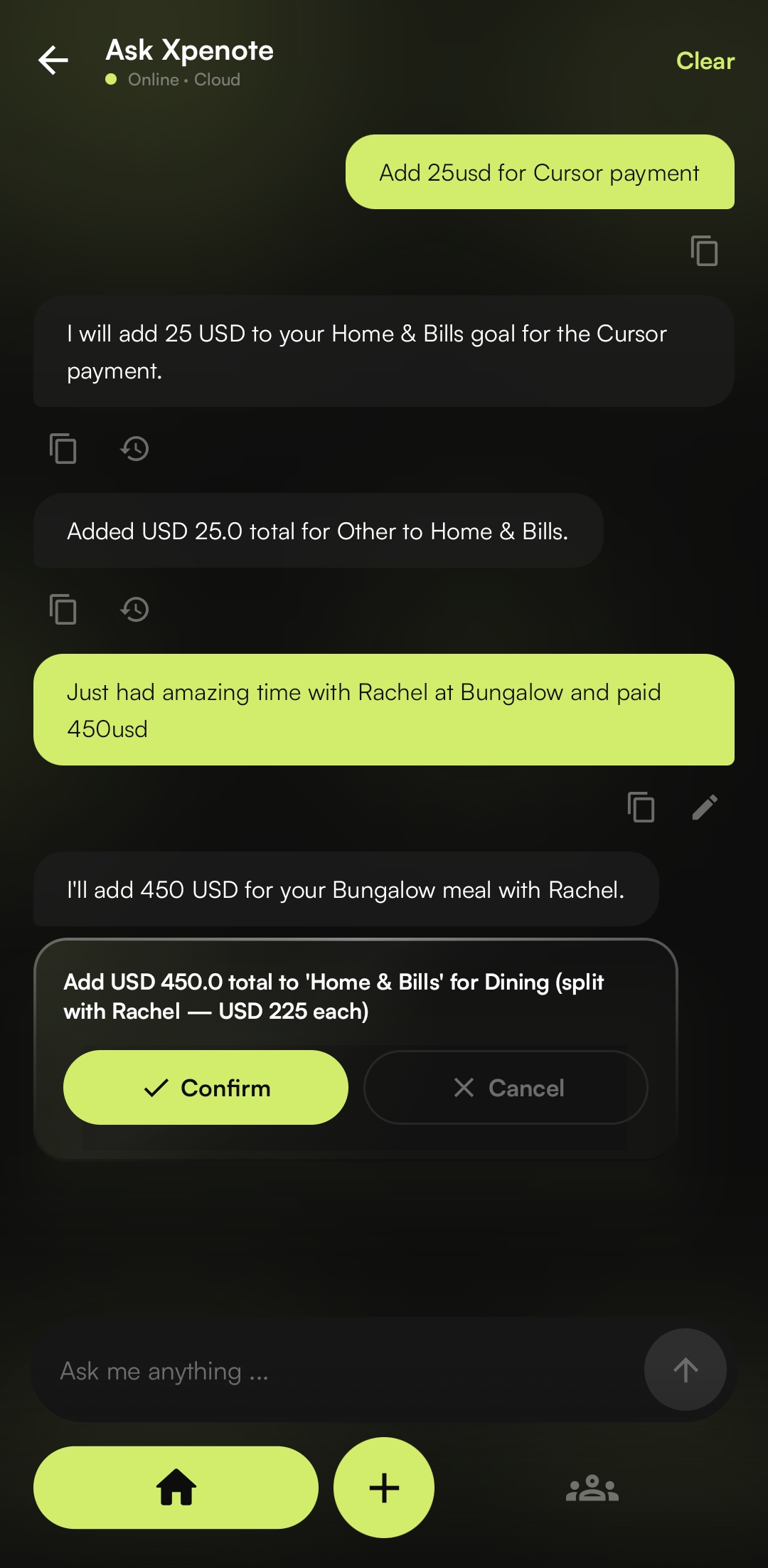 Xpenote AI splitting a bill